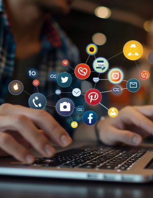 Marketer managing social media campaigns on a laptop, focusing on content creation, ads, and audience engagement