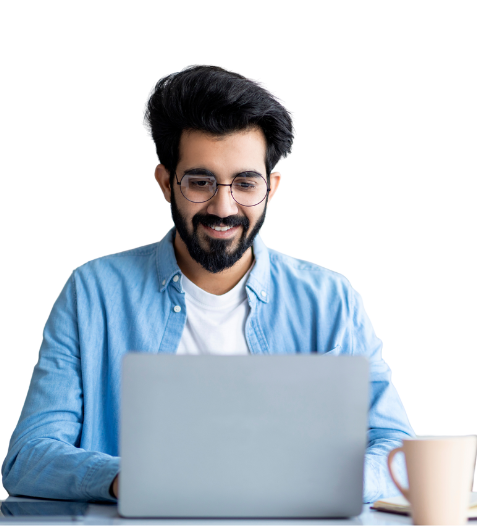 Smiling man wearing glasses working on laptop beside Skill Makeover section highlighting online learning benefits.