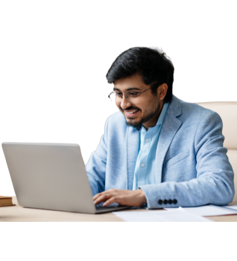 Man in blue blazer smiling while working on a laptop, representing learning performance marketing online.