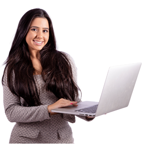 Smiling woman in a grey outfit holding a laptop, representing online learning and content marketing skills.