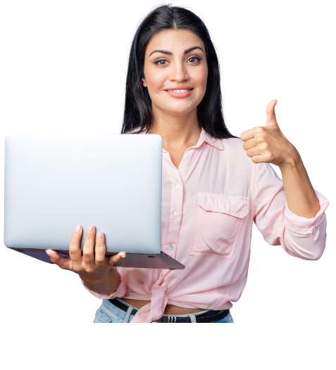 Smiling woman holding a laptop and giving a thumbs up, representing confidence in learning SEO skills.