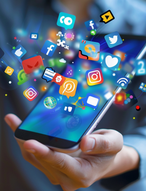 Person using a smartphone with floating social media icons, representing learning to manage platforms like Facebook, Instagram, and LinkedIn.