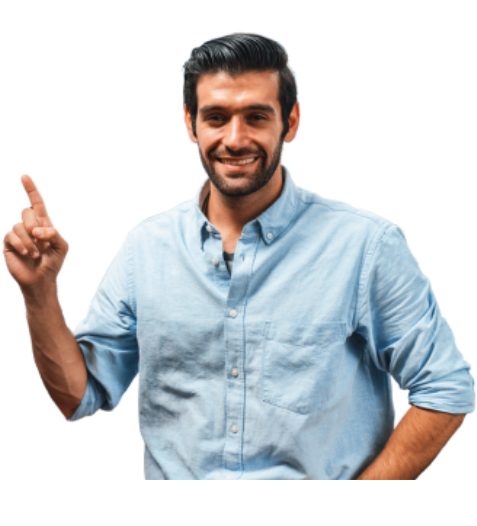 Smiling man pointing upward – SkillMakeover offers digital marketing training for entrepreneurs