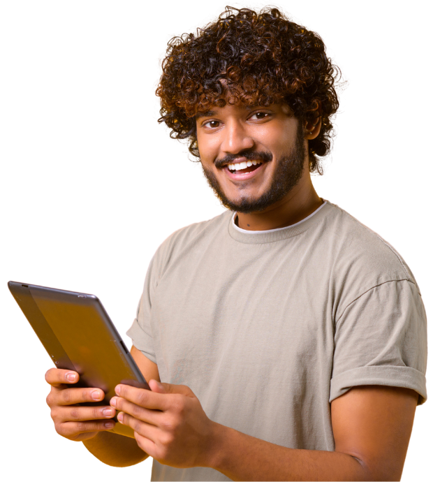 Smiling young man holding a tablet next to Skill Makeover banner promoting online digital marketing course.