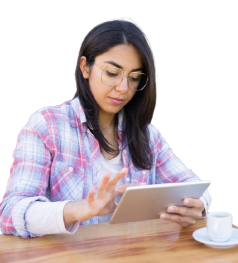 Woman learning digital marketing on tablet next to Skill Makeover courses list and Browse Courses button.