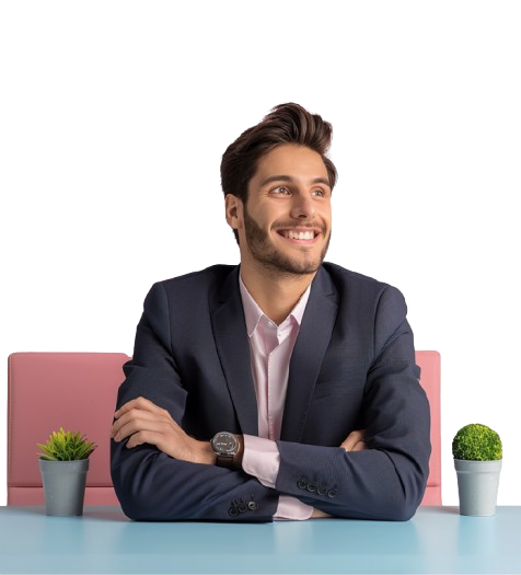 Smiling man in a suit sitting at a desk with small plants, representing confidence in social media marketing skills.
