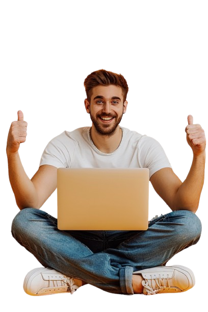 Smiling man sitting cross-legged with a laptop and giving thumbs up, representing confidence in influencer marketing.